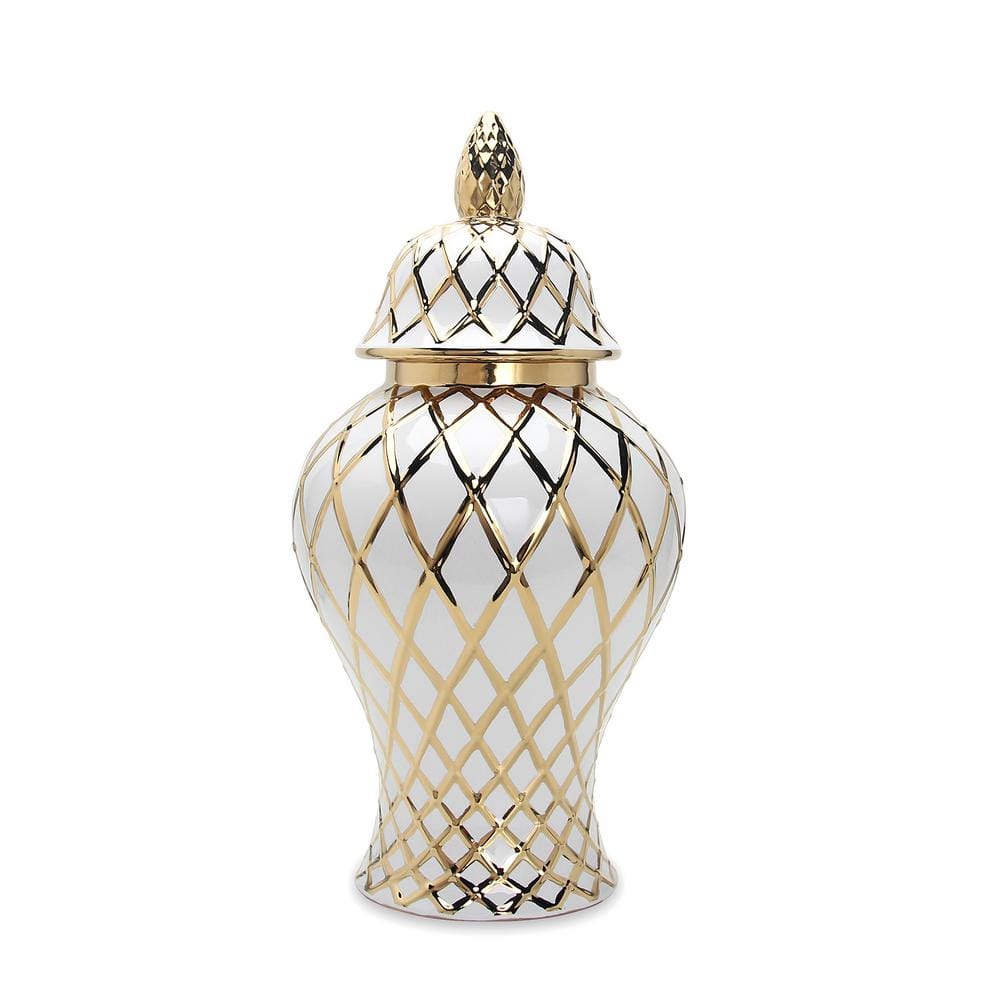 White and Gold Ceramic Decorative Ginger Jar Vase, Retro Elegant Pretty Fas