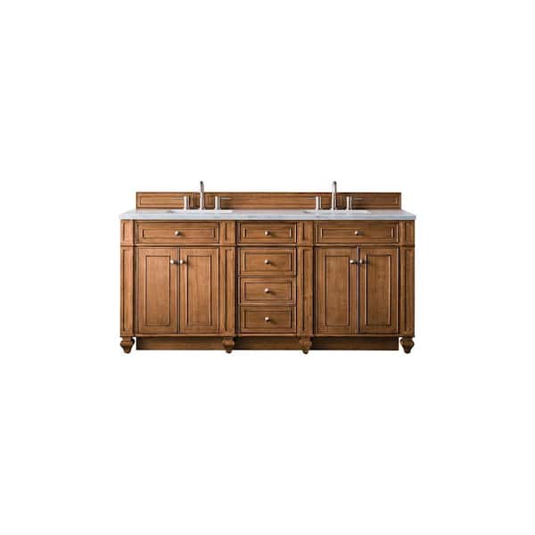 James Martin Vanities Bristol 72 in. W x 23.5 in. D x 34 in. Hdouble Bath Vanity in Saddle Brown with Arctic Fall Solid Surface Top