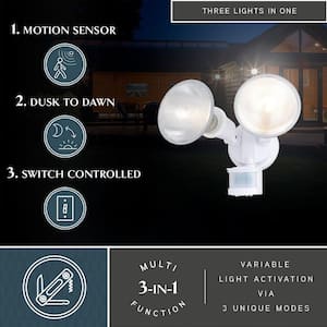 White Motion Sensor Dusk to Dawn Outdoor Security Flood Light - 2 Adjustable Light Heads - 4 Modes