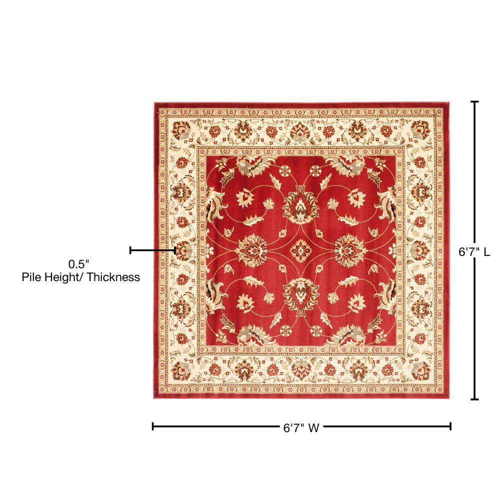 Red and Ivory Synthetic Safavid Style Area Rug, 6'7" Square