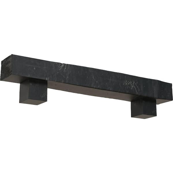 Ekena Millwork 8 in. x 12 in. x 4 ft. Knotty Pine Faux Wood Fireplace Mantel Kit, Alamo Corbels, Aged Ash
