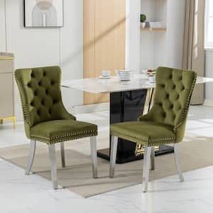 Modern Green Tufted Solid Wood Velvet Upholstered Dining Chair with Chrome Stainless Steel Plating Legs Set of 2