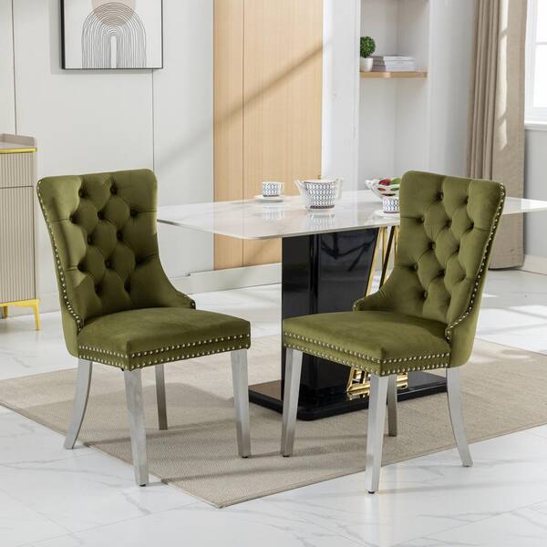Clihome Modern Green Tufted Solid Wood Velvet Upholstered Dining Chair with Chrome Stainless Steel Plating Legs Set of 2