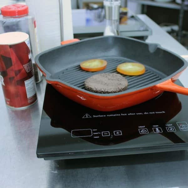 Neo 3PC Cast Iron Set Fry Pan Grill Pan & Slotted Steak Press Red