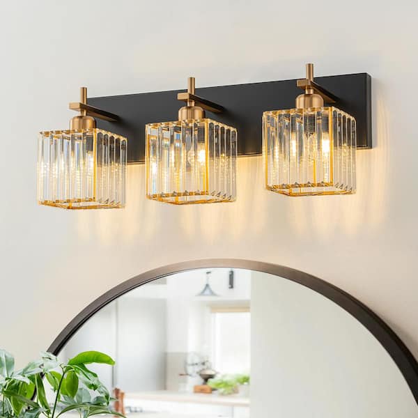 EDISLIVE Orillia 20.5 in. 3-Light Black and Gold Bathroom Vanity Light with Square Shape Crystal Shade Wall Sconce Over Mirror