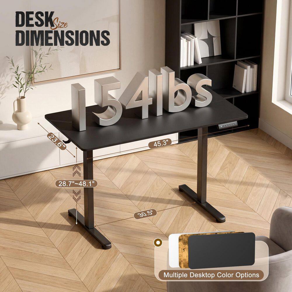 Lacoo black electric standing desk with dimension overlays showing 45.3 inches by 23.6 inches.