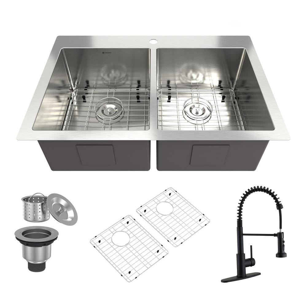 33 in. Drop-In Double Bowl Stainless Steel Kitchen Sink with Pull-Down Fauc