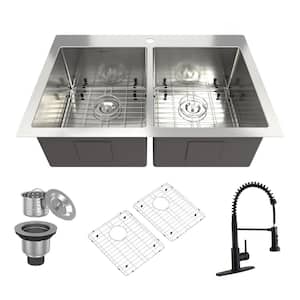 33 in. Drop-In Double Bowl Stainless Steel Kitchen Sink with Pull-Down Faucet, Bottom Grid, Strainer Basket, Drain Cap