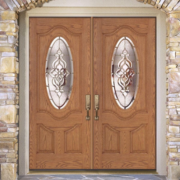 74 in. x 81.625 in. Lakewood Brass 3/4 Oval Lite Stained Light Oak Right-Hand Fiberglass Double Prehung Front Door