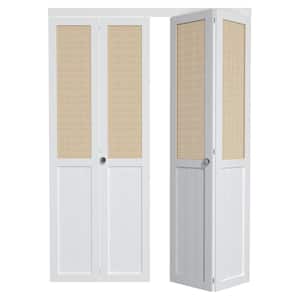 60 in. x 80.5 in. Solid Core White Finished MDF and Rattan Weaving Bi-Fold Door with Hardware