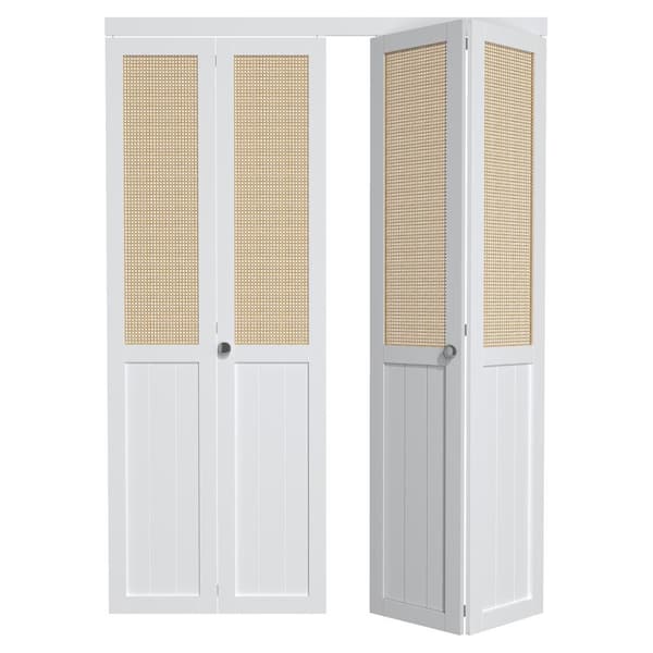 60 in. x 80 in. Paneled Solid Core White Finished Wood and Imitated Rattan Weaving Bi-Fold Door with Hardware