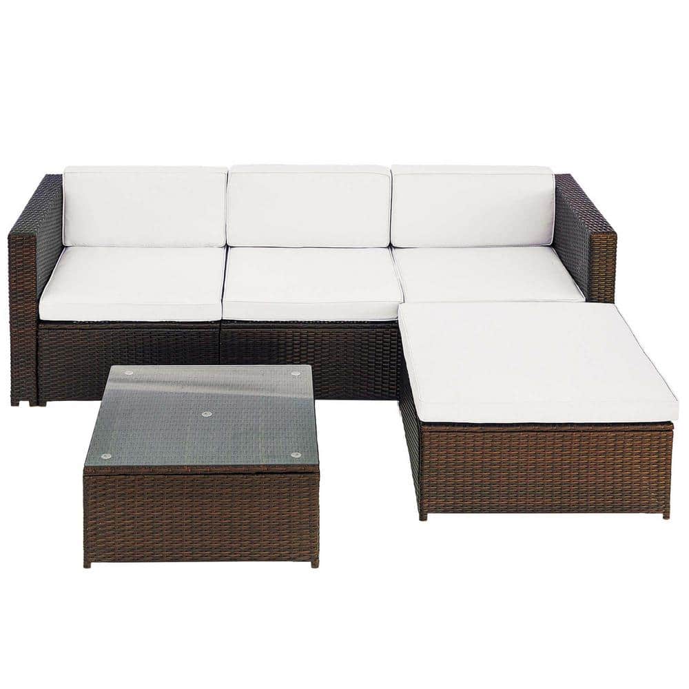 Brown 5-Piece Wicker Metal Outdoor Sectional Set with Beige/Tan Cushions
