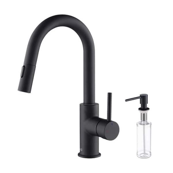 Circular Single Handle Pull Down Kitchen and Bar Sink Faucet with Soap Dispenser-Matte Black