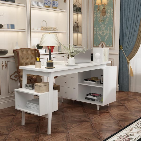 FUFU&GAGA 55.1 in. Width L-shaped White Wood Grain Wooden 3-Drawer Writing Desk, Computer Desk with Shelves Storage