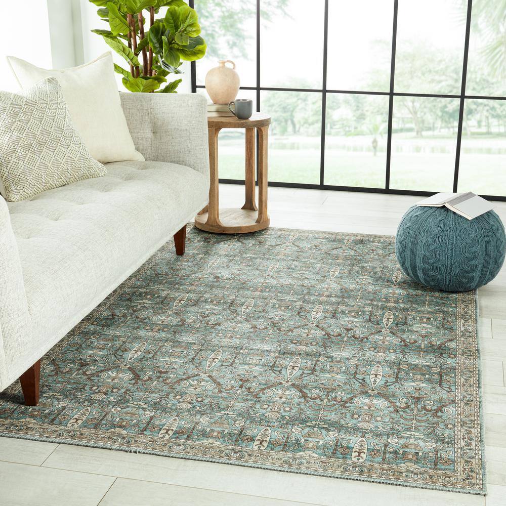 Ivory and Green Rectangular Polyester Area Rug, 9' x 12'