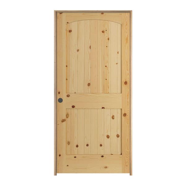 JELD-WEN 24 in. x 80 in. Knotty Pine Unfinished Right-Hand 2-Panel Arch Top V-Groove Solid Wood Single Prehung Interior Door