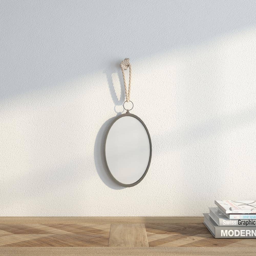 Oval Silver Metal Wall Mirror with Rope Hanging Loop