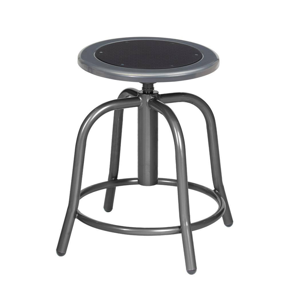 Vince adjustable height swivel stool with grey metal frame and black seat, 3/4 view.