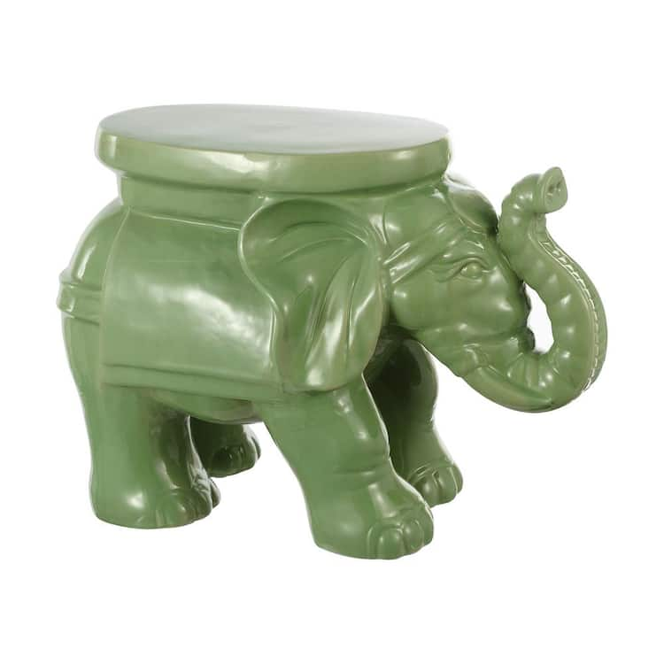 JONATHAN Y White Elephant 14.25 in. Ceramic Garden Stool, Green