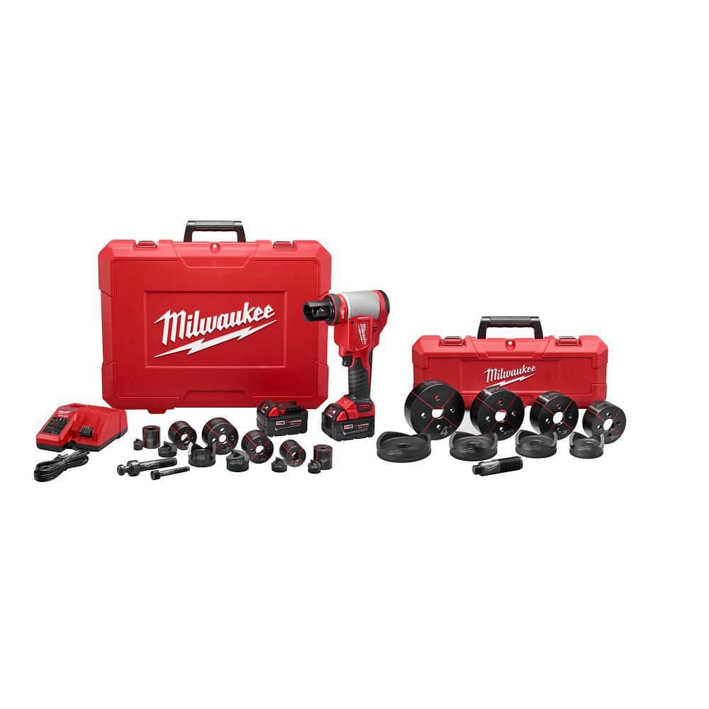 Milwaukee M18 18V Lithium-Ion 1/2 in. to 4 in. Force Logic High Capacity Cordless Knockout Tool Kit w/Die Set 3.0 Ah Batteries