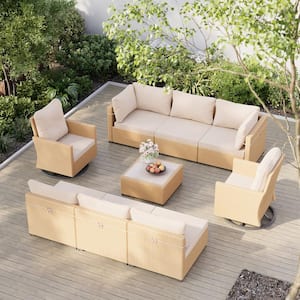 9-Piece Wicker Patio Conversation Set Sectional Seating Set with Swivel Chairs and Beige Cushions