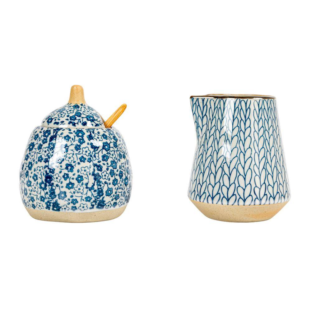 Hand-Painted Blue Floral Stoneware Sugar and Creamer Set