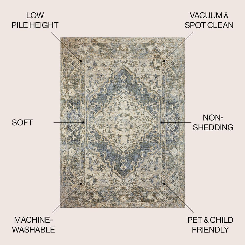 Pavel Distressed Blue and Cream Synthetic Medallion Washable Area Rug 5'3" x 7'7"