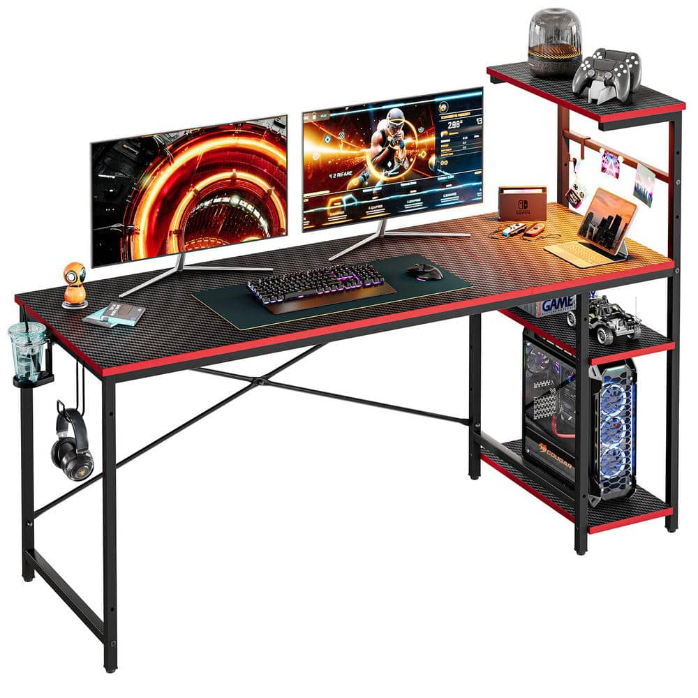 Bestier 61 In Rectangular Black Carbon Fiber Gaming Desk With Rgb Led Lights Computer Desk With 3593