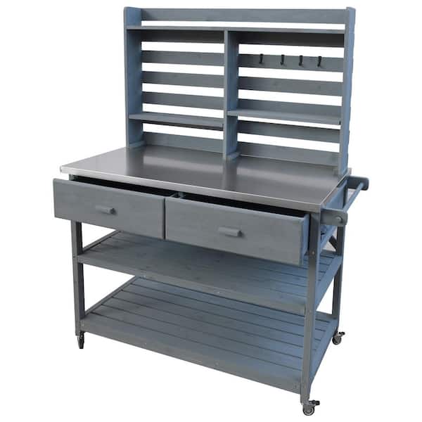 52 in. W x 64.9 in. H Outdoor Potting Bench Table in Gray Blue with Stainless Steel Top, 2-Drawers and 4-Lockable Wheels