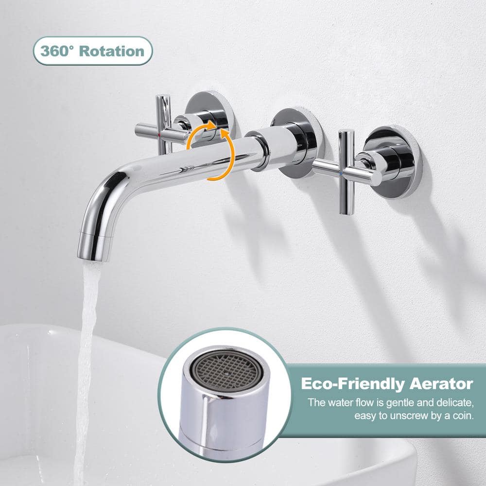 Polished Chrome Wall Mount Double Handle Bathroom Faucet