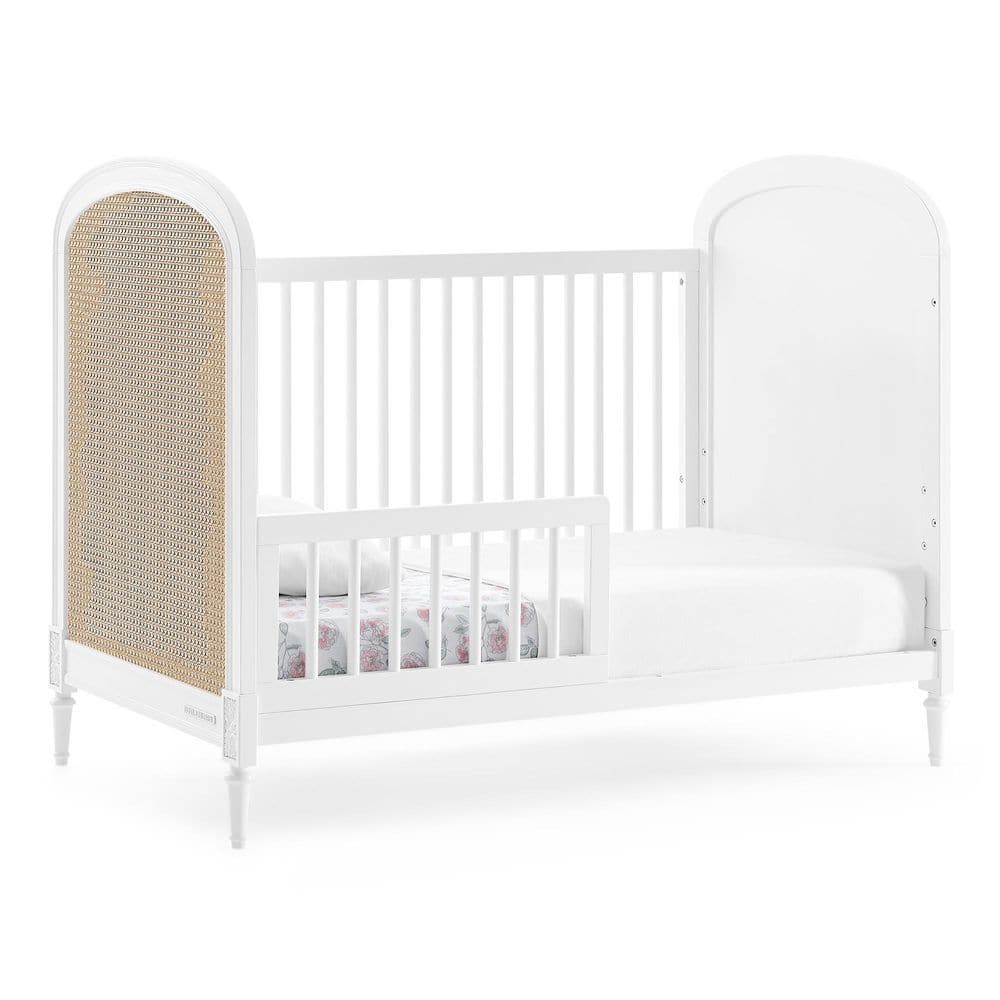 White and Natural Wood Convertible Toddler Crib with Cane Panels