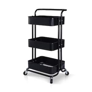 Heavy Duty Steel 3-Tier Rolling Cart with Wheels & Handle, Home Office Storage Cart Utility Cart in Black