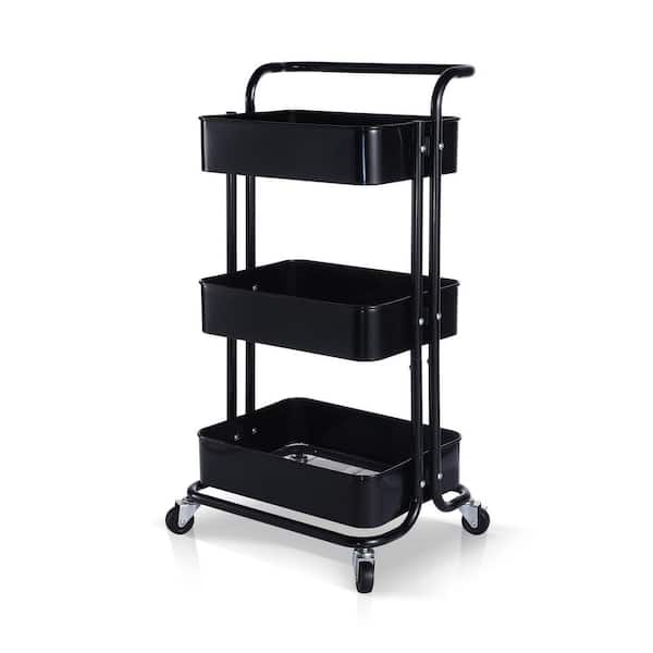 YOFE Heavy Duty Steel 3-Tier Rolling Cart with Wheels & Handle, Home Office Storage Cart Utility Cart in Black