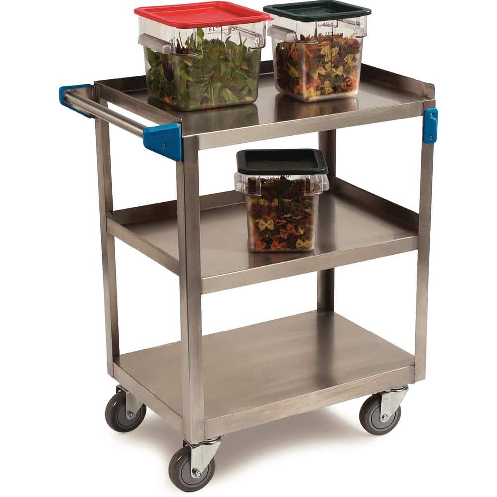 Stainless Steel 3-Shelf Utility Cart with Flat Ledge, Silver