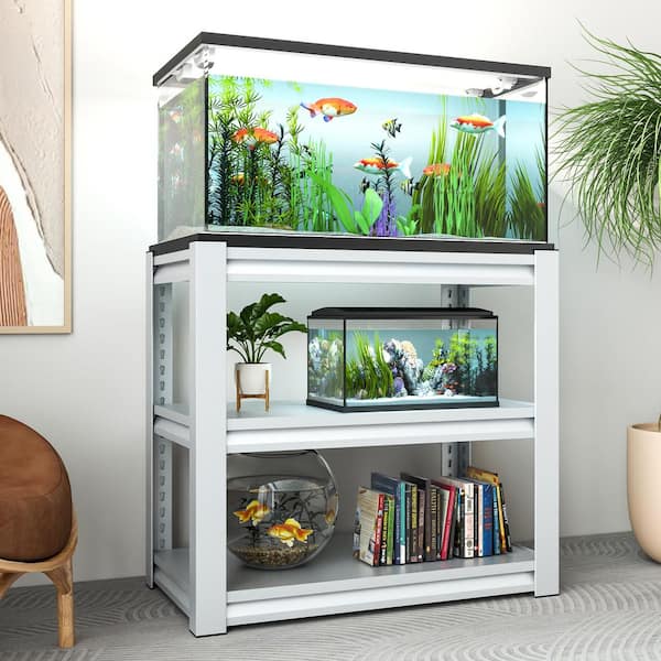 Siavonce Adjustable 3-Tier Fish Rack Shelf Metal Aquarium Stand 31.5 in. L x 18 in. W x 34 in. H Heavy Duty Reptile Tank White