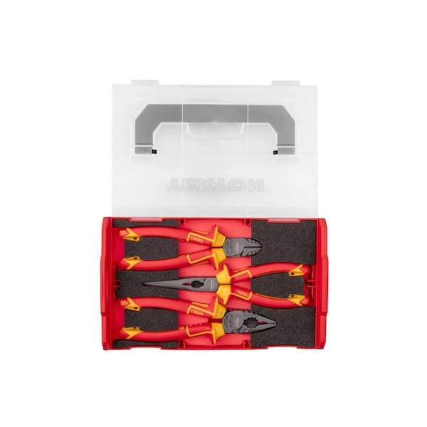 Insulated Pliers Set with Mini Stacking Tool Box, 3-Piece (Combination, Long Nose, Diagonal Cutting)