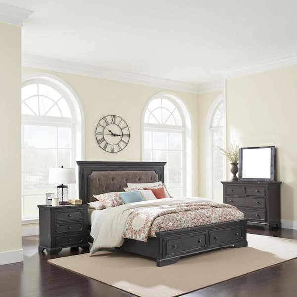 Benjara Aly 4-Pieces Charcoal Gray Engineered Wood Queen Bedroom Set