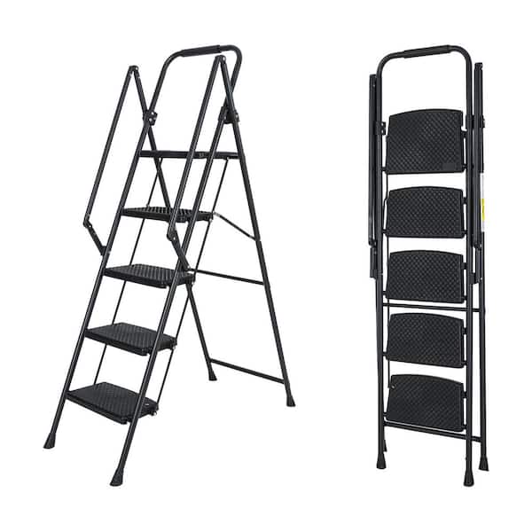 5-Step Steel Folding Step Stool Ladder with Wide Anti Slip Pedal and Safety Handle, Black