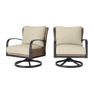 Hazelhurst Brown Wicker Outdoor Patio Swivel Lounge Chair with CushionGuard Putty Tan Cushions (2-Pack)
