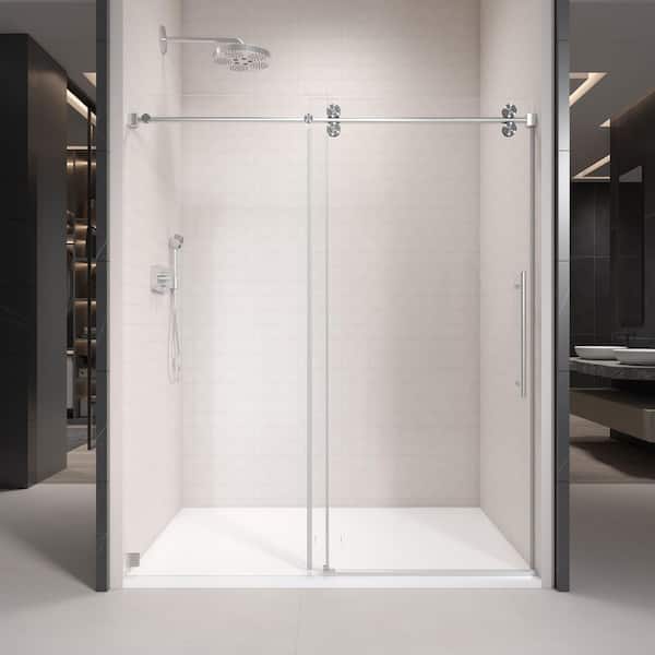 KZG 54 in. W x 76 in. H Single Sliding Frameless Shower Door in Brushed Nickel with Clear 3/8 in. Glass