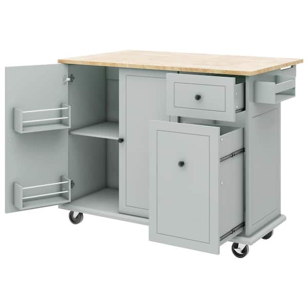 Unbranded Gray Blue Wood 53.94 in. Kitchen Island with Drawer with Internal Storage Rack Drop Leaf for Living Room Dining Room