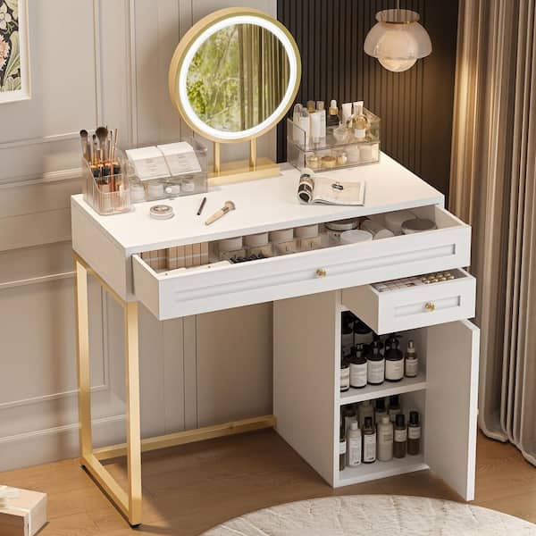 Harper & Bright Designs White and Gold Makeup Vanity Table with Lighted Mirror, 2-Drawers and 1-Cabinet