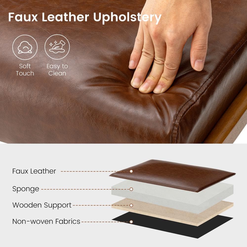 Mid-Century Brown Faux Leather and Rubberwood Accent Stools Set