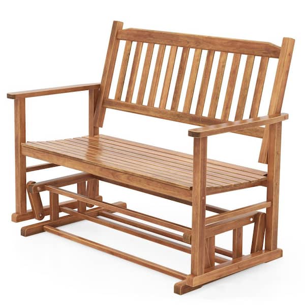 2-Person Natural Poplar Wood Outdoor Glider with Armrests and Slatted Seat