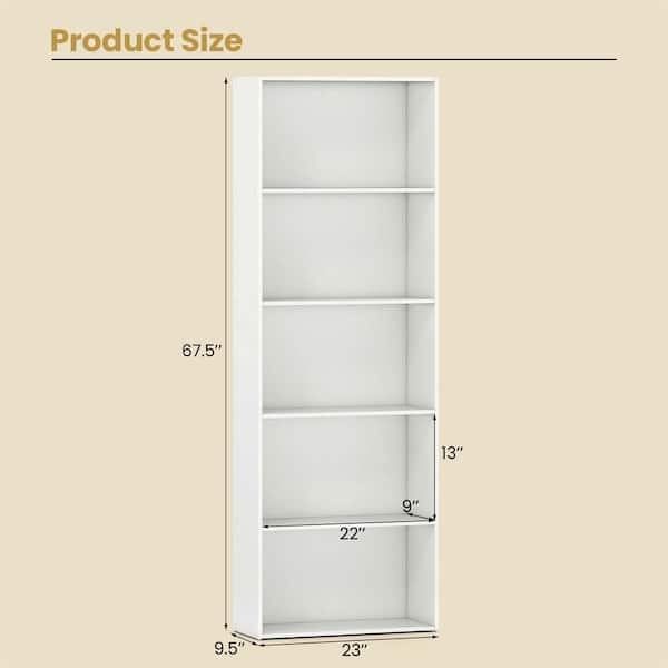 67 in. White MDF 5-Shelfves Standard Bookcase with Storage