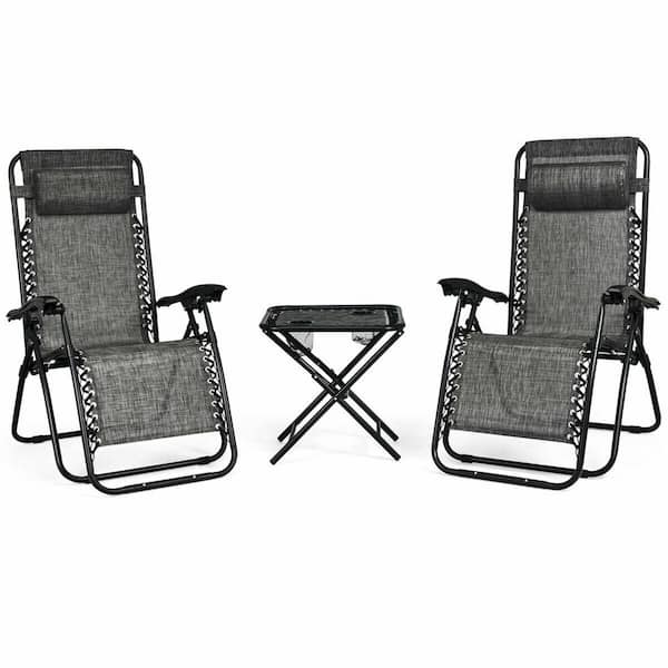Gymax Grey Folding Portable Zero Gravity Steel Outdoor Recliner Lounge Chairs Pillows Table (3-Pieces)