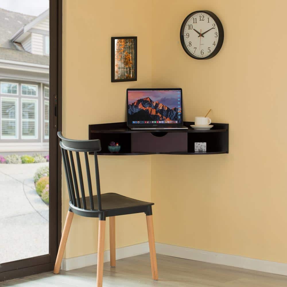 Elegant Heart-Shaped Brown Corner Writing Desk with Drawer and Shelves