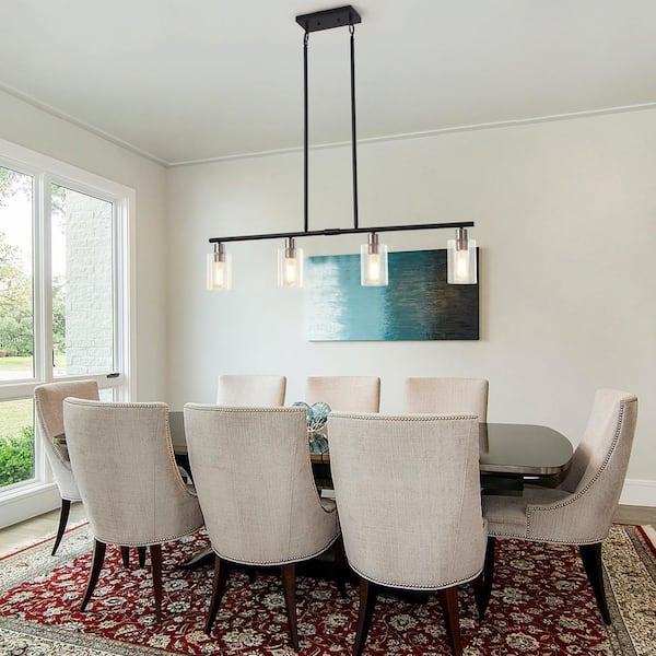 4-Light Black/Nickel Industrial Linear Chandelier with Glass Shades for Kitchen Island with No Bulbs Included