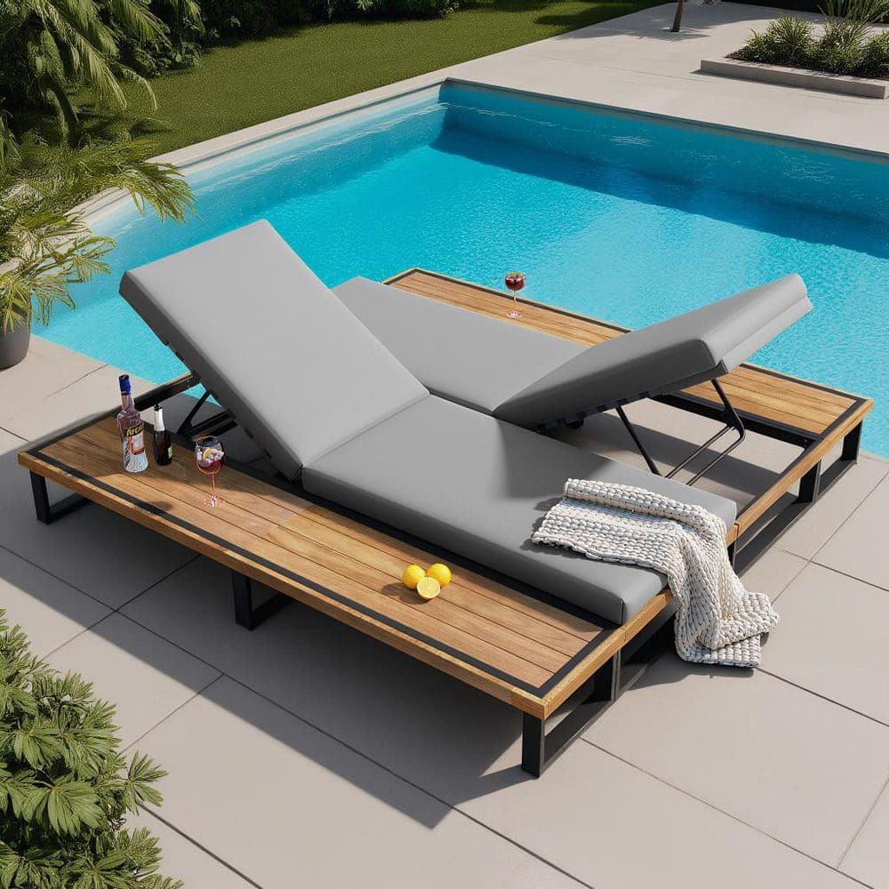 Gray Acacia Wood Outdoor Chaise Lounge Chair (Set of 2), Reclinings with Cushions, Wood Side Table