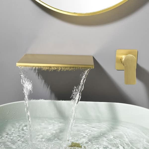 Vara Single-Handle 10.24 in. W Waterfall Spout Wall Mount Bathroom Faucet Roman Tub Faucet in Brushed Gold